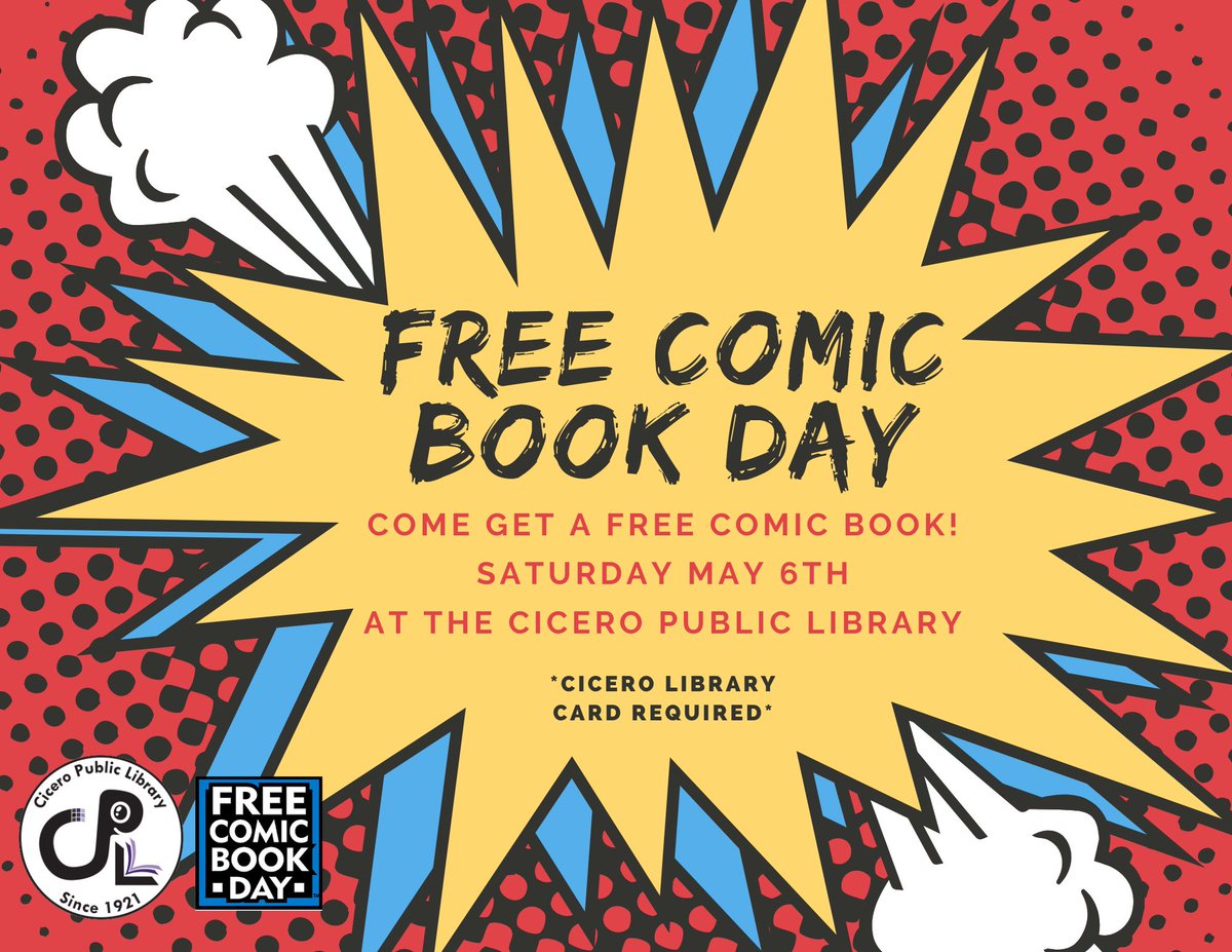The <a href="/cicero_library/">Cicero Public Library</a> is giving away a free comic book to anyone that has a library card!

TODAY! Saturday, May 6 from 10 a.m. until 4:30 p.m. or until supplies last!

Stick around to decorate superhero masks, take selfies with cool comic frames &amp; get a chance to win a MYSTERY BOX