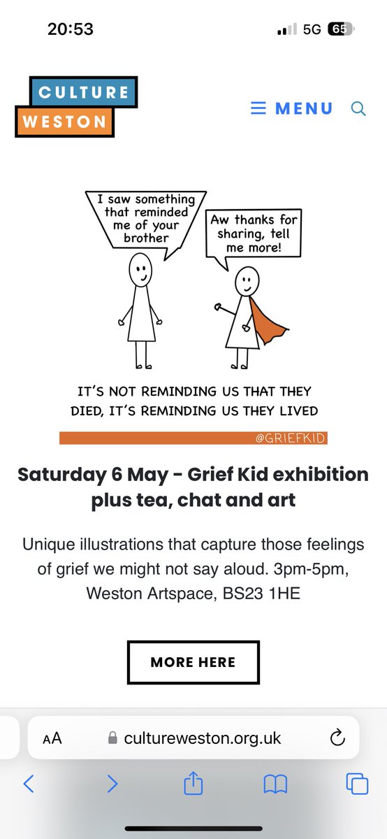Grief Kid (@griefkid) on Twitter photo Eeek this is tomorrow afternoon, after I abseil down <a href="/NorthBristolNHS/">North Bristol NHS Trust</a>
I’m very excited right now!
Grieving? Near Weston-Super-Mare? Come join me at the <a href="/GoodGriefFest/">Good Grief Festival</a> tomorrow for tea, grief chats and a bit of art!
@CultureWeston
cultureweston.org.uk/projects/good-… Eeek this is tomorrow afternoon, after I abseil down <a href="/NorthBristolNHS/">North Bristol NHS Trust</a>
I’m very excited right now!
Grieving? Near Weston-Super-Mare? Come join me at the <a href="/GoodGriefFest/">Good Grief Festival</a> tomorrow for tea, grief chats and a bit of art!
@CultureWeston
cultureweston.org.uk/projects/good-…