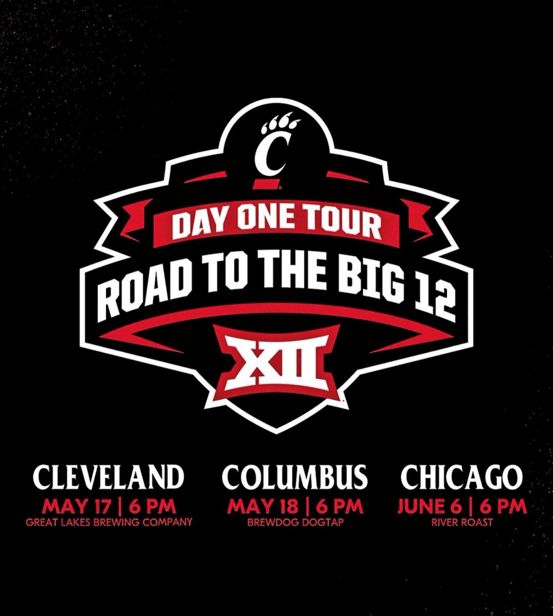 Day One Tour: Road to the Big 12 is hitting the road soon! Join UC Athletics and the UC Alumni Association in Cleveland, Columbus, Chicago and Cincinnati as we hear from UC leaders and coaches about how we're prepping for our Big 12 debut. 

Register: alumni.uc.edu/events/athleti…