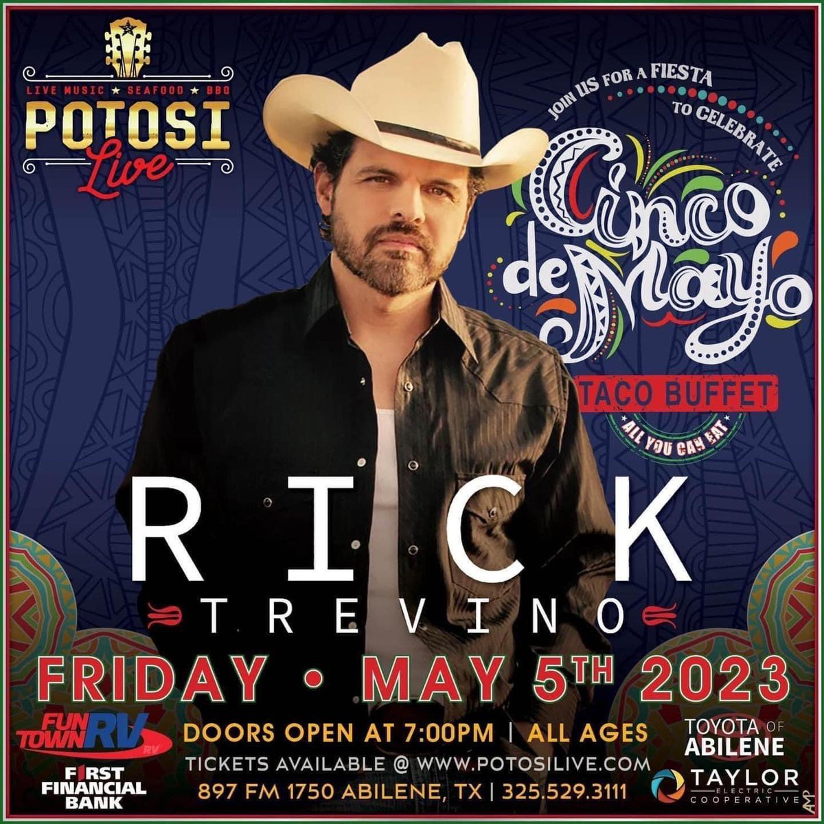 Let’s Taco Bout <a href="/PotosiLive/">Potosi Live</a> 🇲🇽Cinco de Mayo Celebration🇲🇽 w/ <a href="/RickTrevinoMain/">Rick Trevino</a>

‼️TONIGHT‼️
Ticket includes All You Can Eat Taco Buffet
Open at 7:00 PM
All Ages
Indoors
Specialty Drink - Strawberry Kiwi Margarita 

Click the link to purchase tickets: stubwire.com/event/ricktrev…