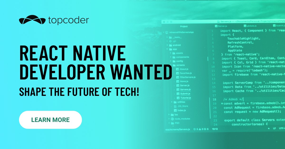 Topcoder's tweet image. Are you a React Native Developer looking for your next role? Our clients are looking for a talented developer familiar with React Native & CI/CD to join their team. Click to apply now and join our community! topcoder.com/gigs/168185646…
#reactnative #reactnativedevelopers #hiring