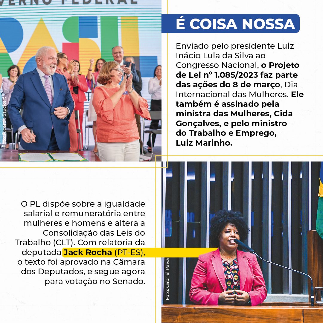 ptbrasil's tweet photo. Igualdade Salarial e Remuneratória entre homens e mulheres 🚩Compromisso com as mulheres brasileiras é uma das marcas do Governo @LulaOficial 👆 

A luta segue para o Senado Federal! 
via @mintrabalhobr https://t.co/aNXWojIINS