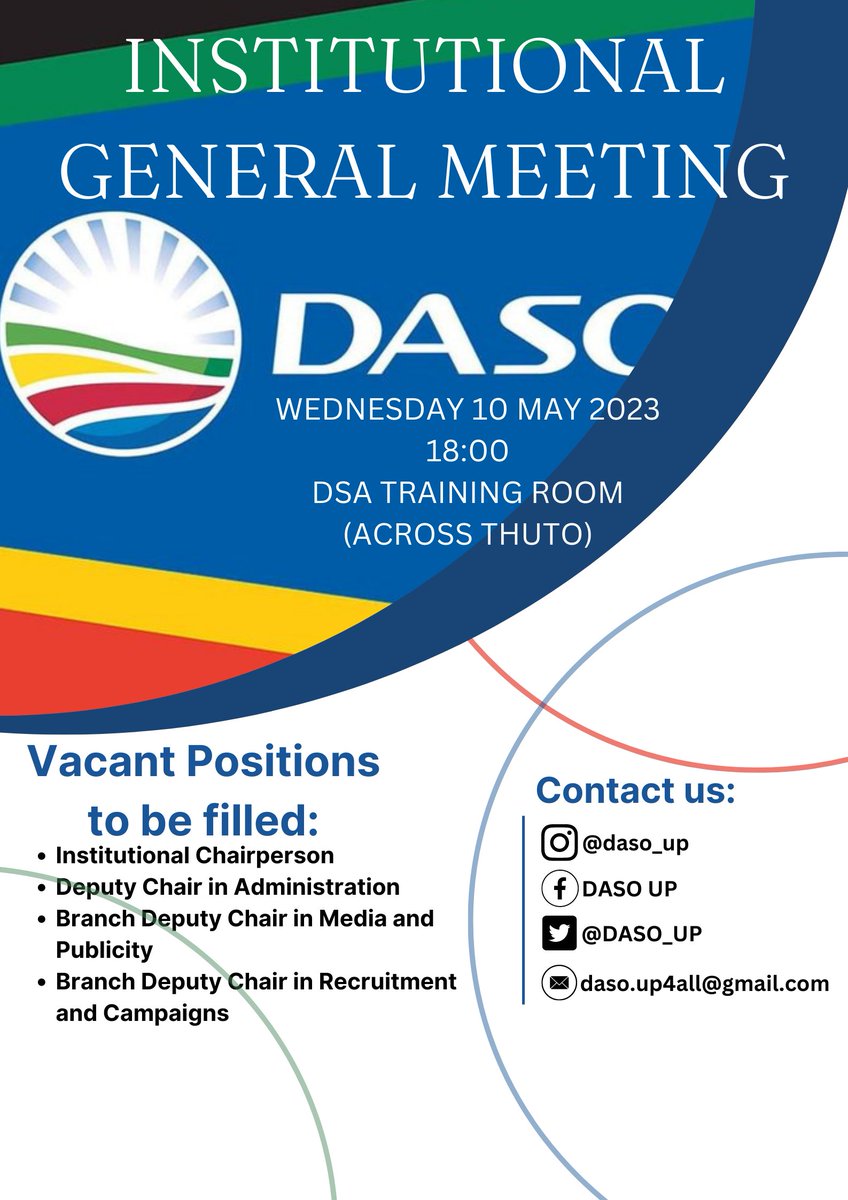 DASO UP will host its Institutional General Meeting on the 10th of May.

We implore all members to attend and to bring along friends to hear about the vision the DA and Daso have for UP and South Africa.