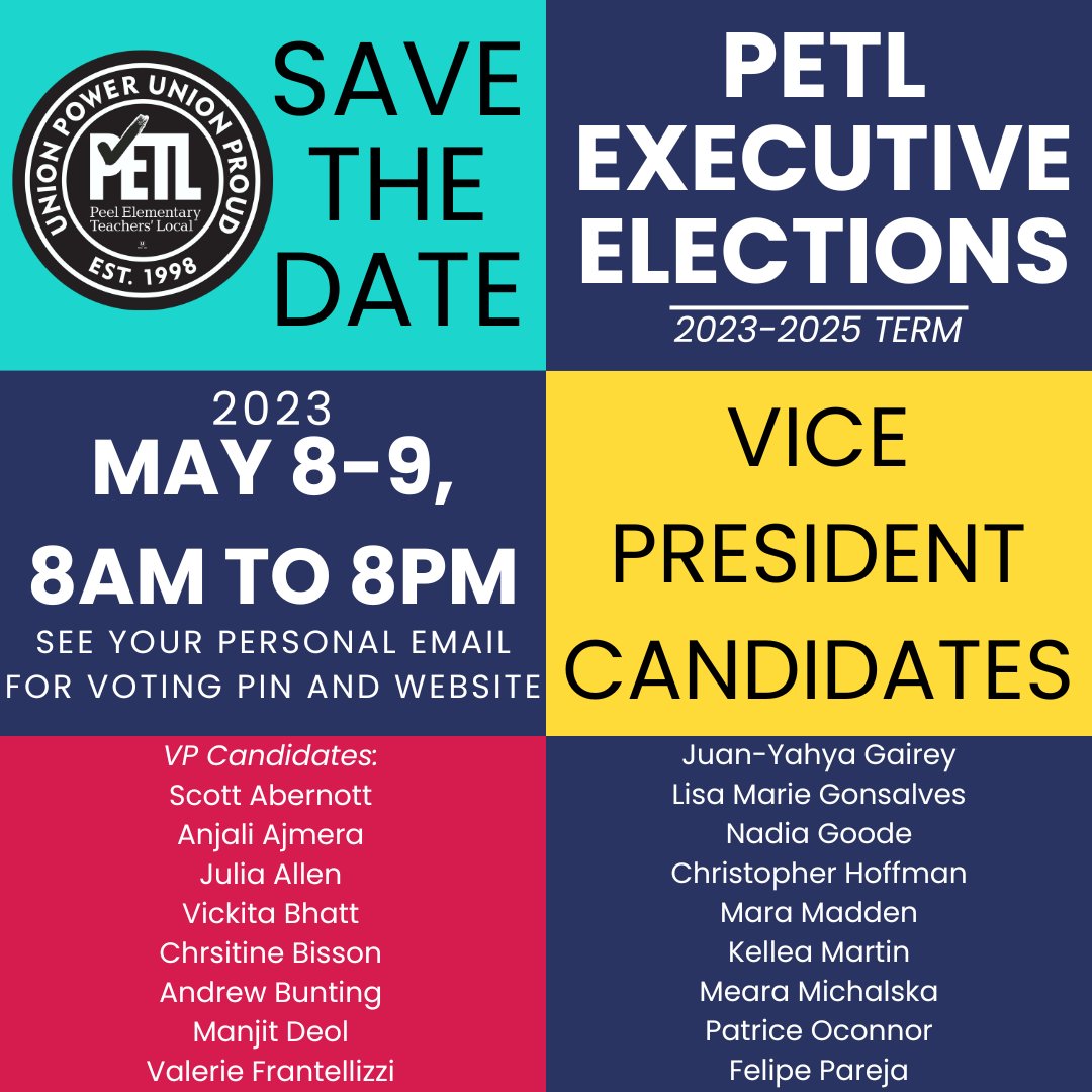 #PETL Executive Elections 2023
Online polls open May 8 @ 8am &amp; close May 9 @ 8pm.
See email for voting website &amp; personal PIN.
*Note: This is an official PETL post. It may be Liked, Reposted &amp; Shred without commentary. Commenting, replying &amp; campaigning are not permitted via SM.