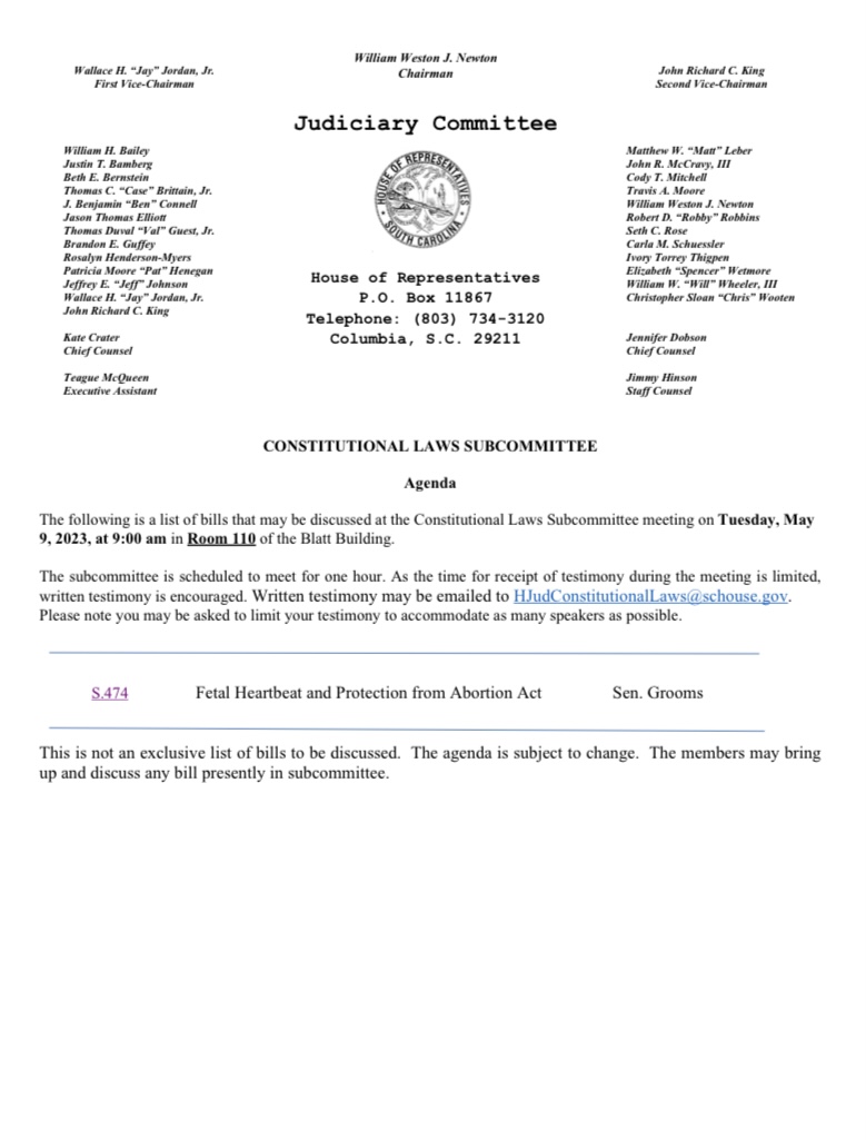 MaryGreenNews's tweet photo. In the surest sign yet that abortion will be a focus of the final week of SC's legislative session, a House Judiciary subcommittee and full Judiciary Committee will meet Tuesday to take up the Senate's six-week ban, which House Republicans have refused to do to this point. https://t.co/gcrFSZz9Ep