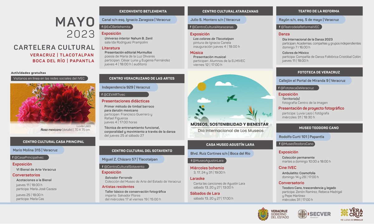 SECVERoficial's tweet photo. Los recintos culturales de #Veracruz, #BocadelRío, #Tlacotalpan y #Papantla han preparado un variado programa de talleres, ciclos de cine, recitales y visitas guiadas para que disfrutes durante todo mayo.

Invitamos a conocer las carteleras en https://t.co/TmH5Krt1fj. https://t.co/YijOwCAzih