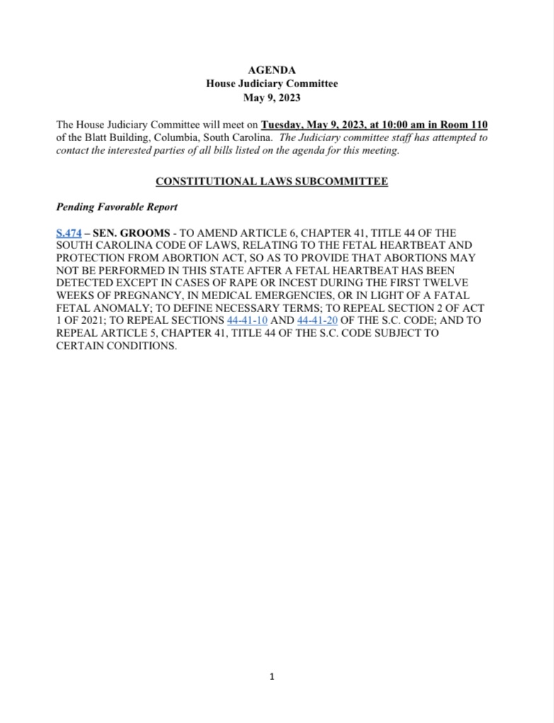 MaryGreenNews's tweet photo. In the surest sign yet that abortion will be a focus of the final week of SC's legislative session, a House Judiciary subcommittee and full Judiciary Committee will meet Tuesday to take up the Senate's six-week ban, which House Republicans have refused to do to this point. https://t.co/gcrFSZz9Ep