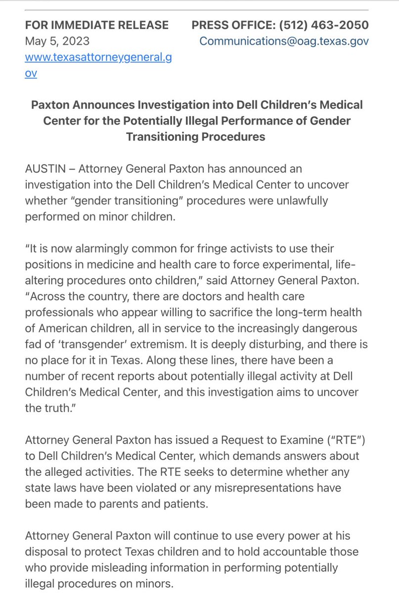TrueTexasTea's tweet image. 🚨Texas AG is investigating whether Dell Children’s Medical Center performed illegal “gender transitioning” procedures on children.  

#TXAG #TXLege #SB14