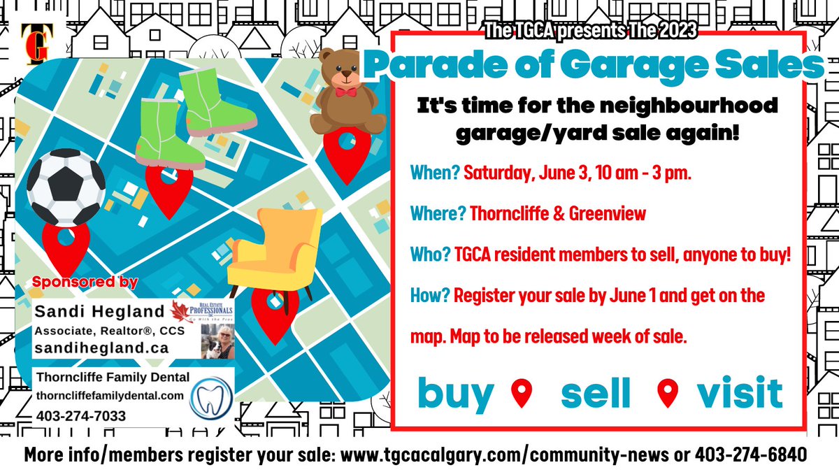 📍🗺️It's that time of year again! Rummage through your storage closet and dig through the shed. TGCA resident members can register their sales now! Post on our community news page: tgcacalgary.com/community-news/ #yyc #garagesale #community