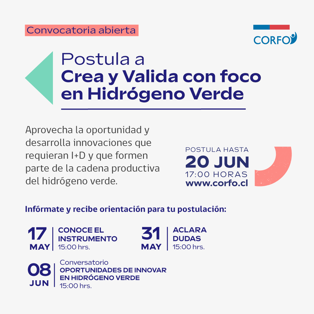 Seguimos con la convocatoria Crea y Valida para apoyar proyectos que buscan ser parte del proceso productivo del Hidrógeno Verde. Te esperamos en los webinars para resolver dudas 👇

Postula ➡️ bit.ly/40RPbCA
Inscríbete en las charlas 👉 bit.ly/41VR2Yw