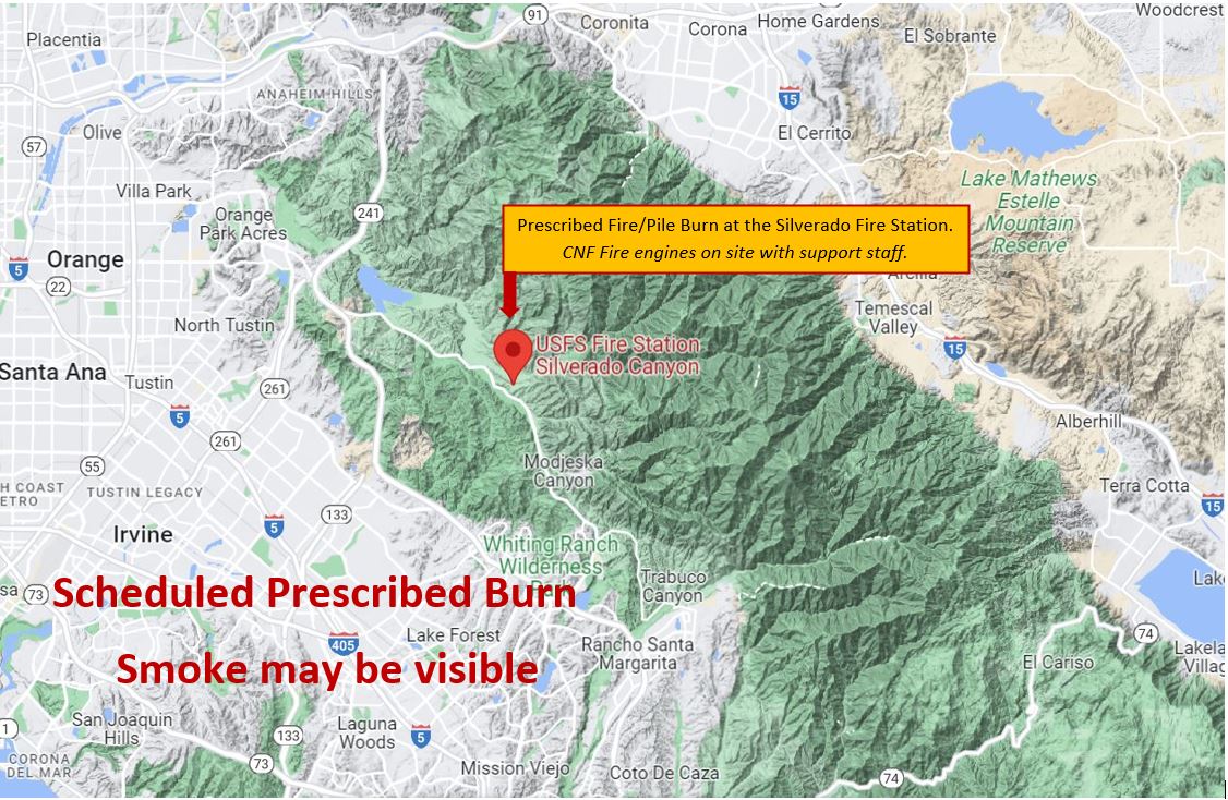 Notice: #PrescribedFire Today, firefighters are burning five acres of piles around the Silverado Fire Station on the Trabuco Ranger District. Smoke may be visible from the 241 and surrounding communities. Please Do Not Report! #GoodFire #WildfireCrisisStrategy in progress. https://t.co/6ICsjAOc7q