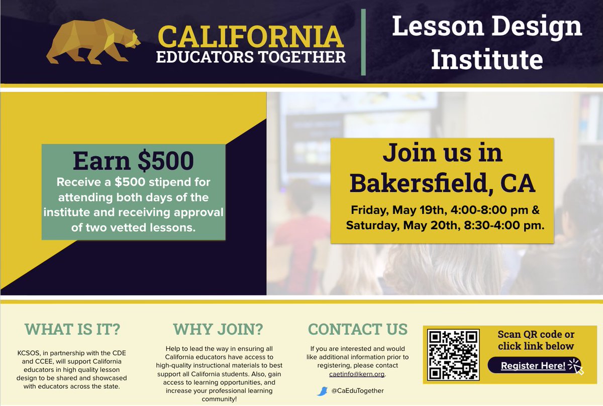 CaEduTogether's tweet photo. Join us this may 19th and 20th at our first in person Lesson Design Institute! We're holding the LDI at the Double Tree Hotel in Bakersfield CA. Travel stipend is available fro out of town participants. #caeducatorstogether
Register with the link below
https://t.co/ashtt1C0Ae https://t.co/Z4jKRjOqT8