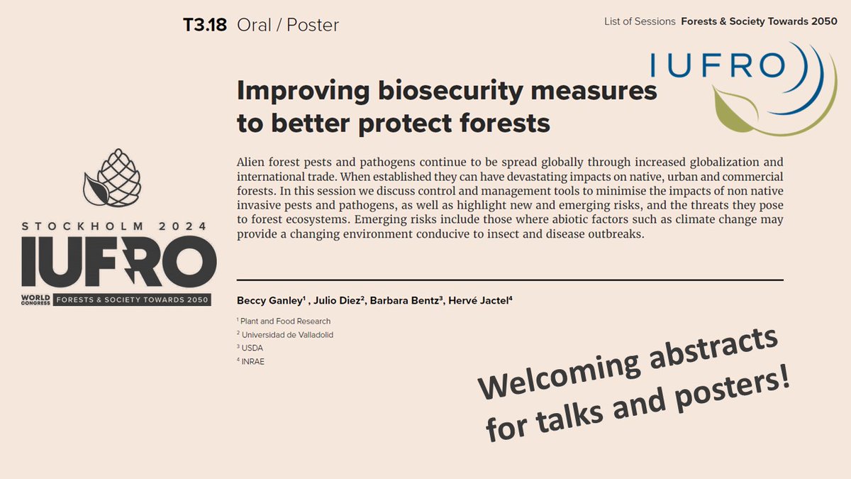 This week on #IUFRO2024 ✨#SessionHighlight✨: Session T3.18 Improving #biosecurity measures to better protect #forests 🌲🌳🌴 It will be moderated by Beccy Ganley, Julio Javier Diez Casero, Barbara Bentz and Hervé Jactel.
iufro2024.com