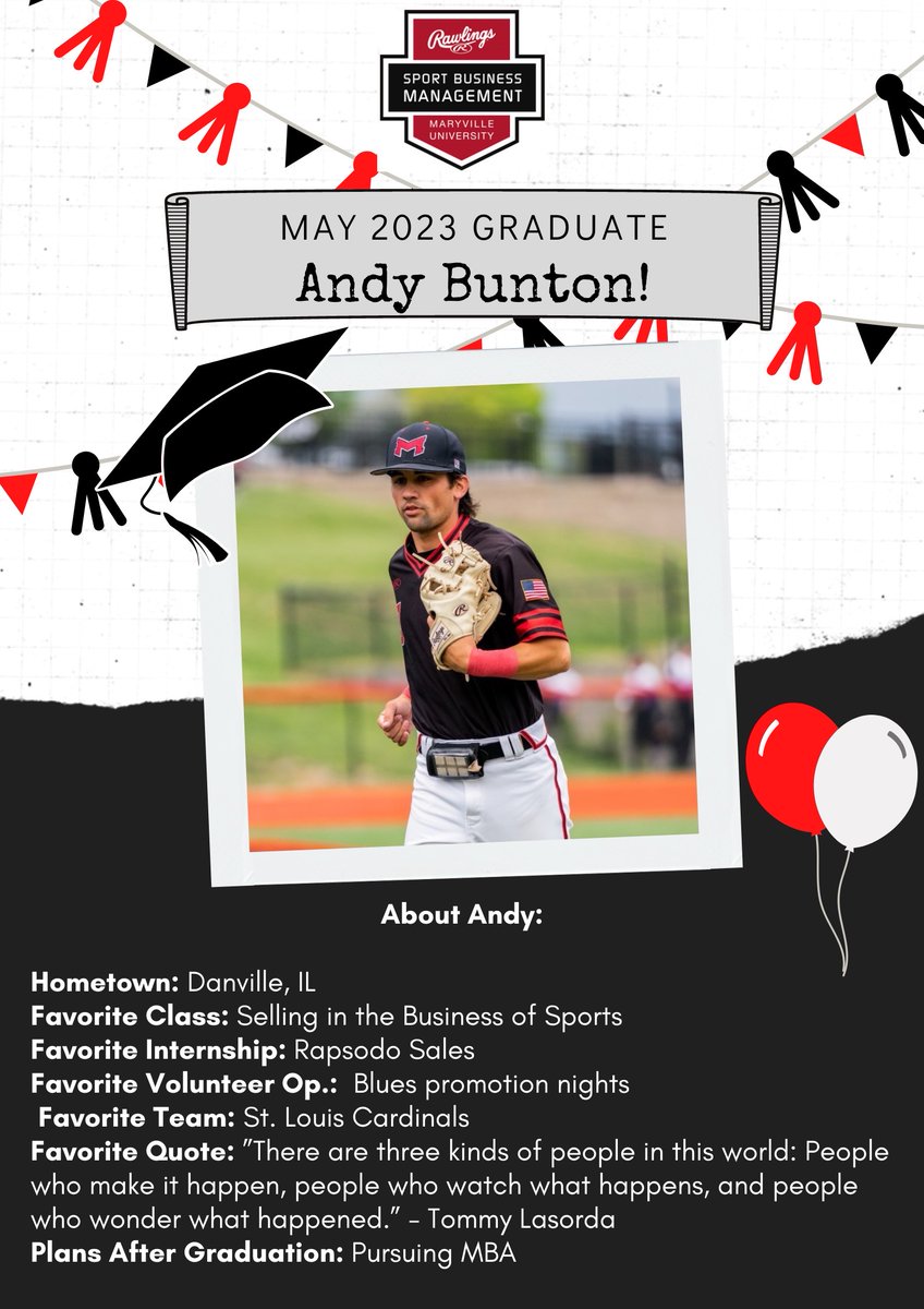 MURSBM's tweet photo. Congratulations Andy Bunton on graduating from the Rawlings Sport Business Management program at Maryville University! #BigRedM #SaintStrong
@musportbiz @DanielSportBiz https://t.co/SM5s4LtVJy