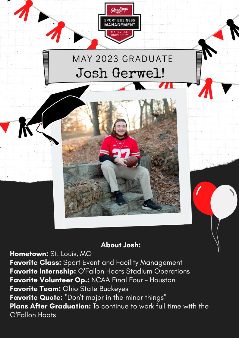 MURSBM's tweet photo. Congratulations Josh Gerwel on graduating from the Rawlings Sport Business Management program at Maryville University! #BigRedM #SaintStrong
@musportbiz @DanielSportBiz https://t.co/H5Q0122jz1