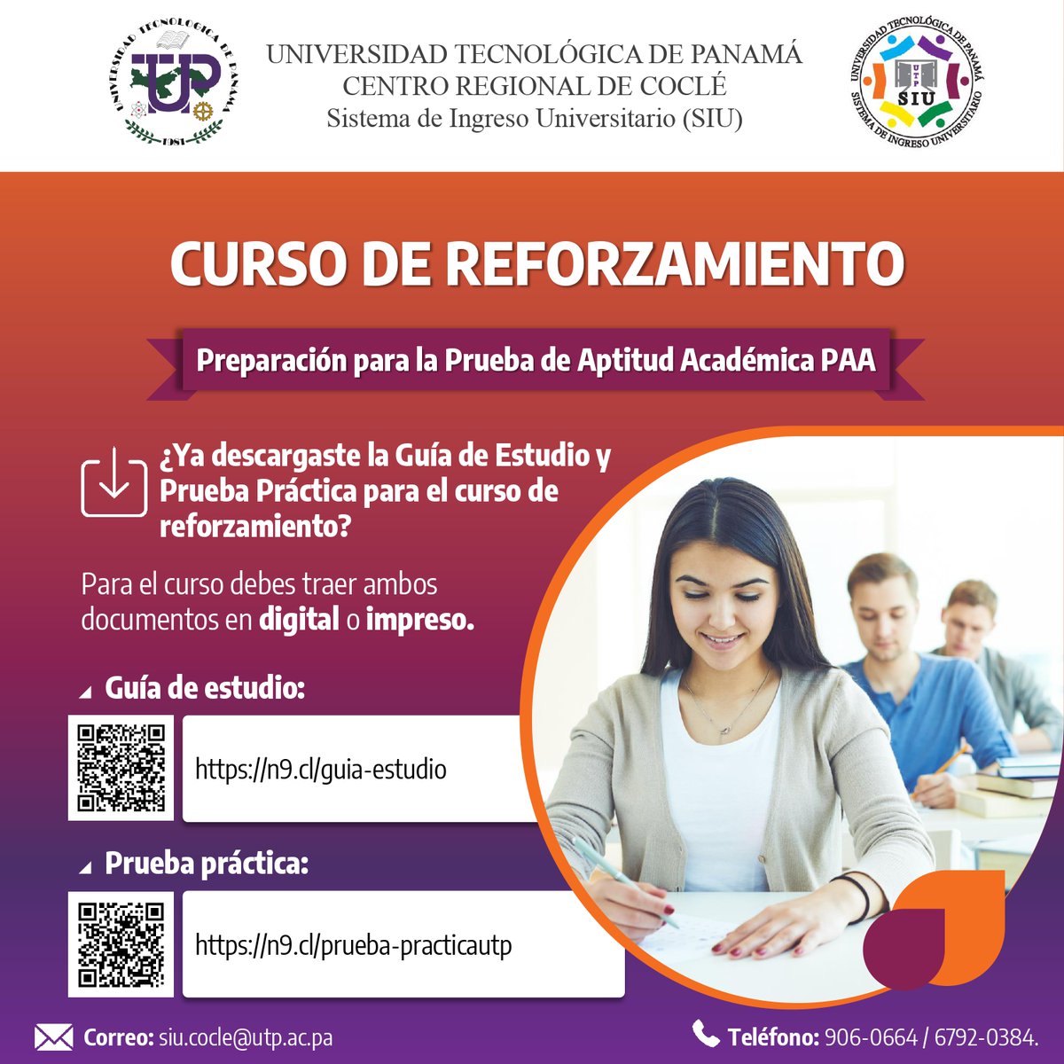 Es necesario que descargues la guía de estudio y prueba práctica para que empieces las clases del curso de reforzamiento académico y también para preparación de la PAA.
Es muy sencillo solo debes escanear el código QR.