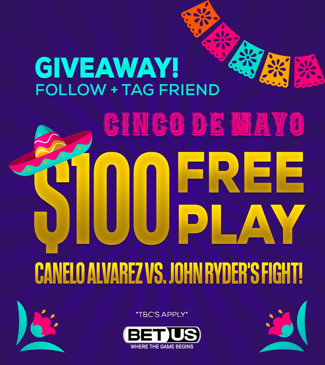 BetUS_Official's tweet photo. CINCO DE MAYO GIVEAWAY!  🪅

Follow these easy steps to get a chance to win $100 Free Play 🤑

1⃣ Follow @BetUS_Official 
2⃣ Tag a friend

Be sure not to miss the Canelo vs. Ryder fight tomorrow 🥊

#Giveaway #CaneloRyder https://t.co/I3h4gWVA7K