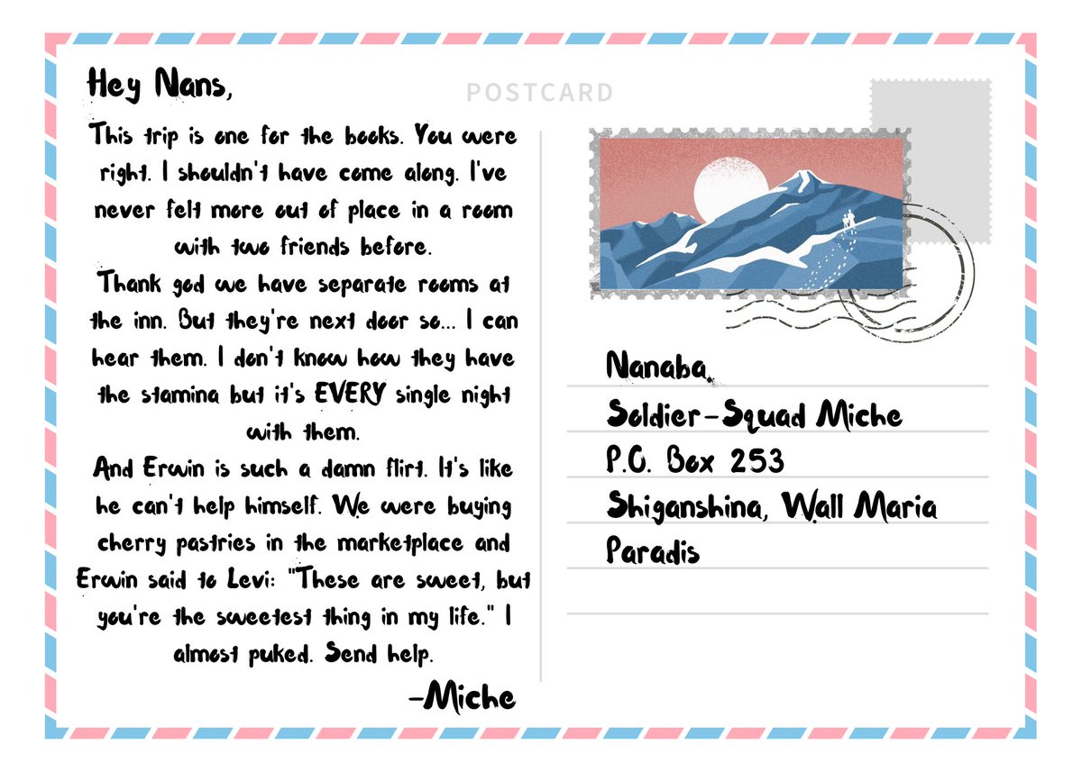 ✉️📮

Miche’s letter to Nanaba depicts his sorrow and exasperation over being EruRi's 3rd wheel 🤭 

Writer: @levi_2497
Stamp artist: @knightofcups_x