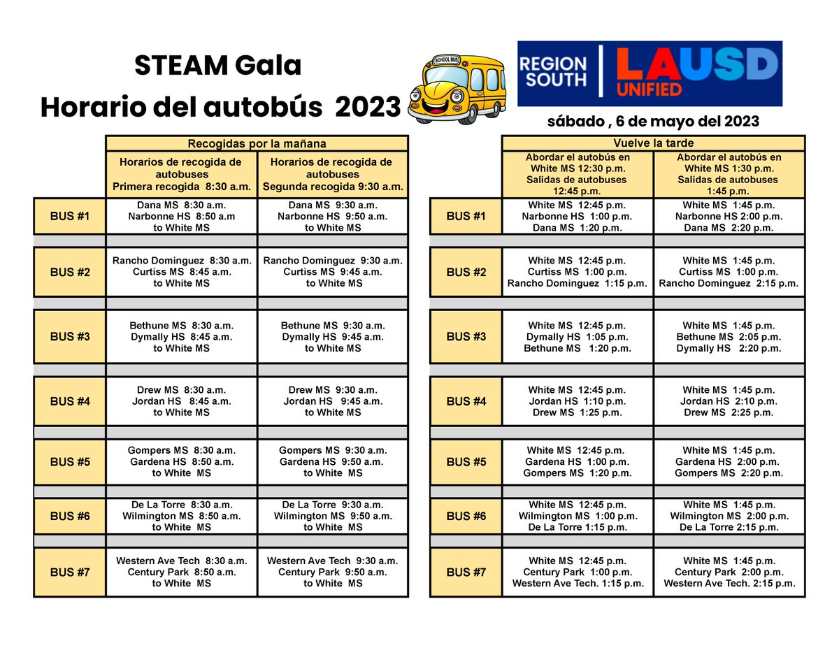 Únase a nosotros para la Gala STEAM de la Región Sur: celebrando a nuestros estudiantes a medida que se convierten en científicos, tecnólogos, ingenieros, artistas y matemáticos. Los autobuses de enlace hacia y desde el evento estarán disponibles.
Sábado 6 de mayo de 9 am  2pm.