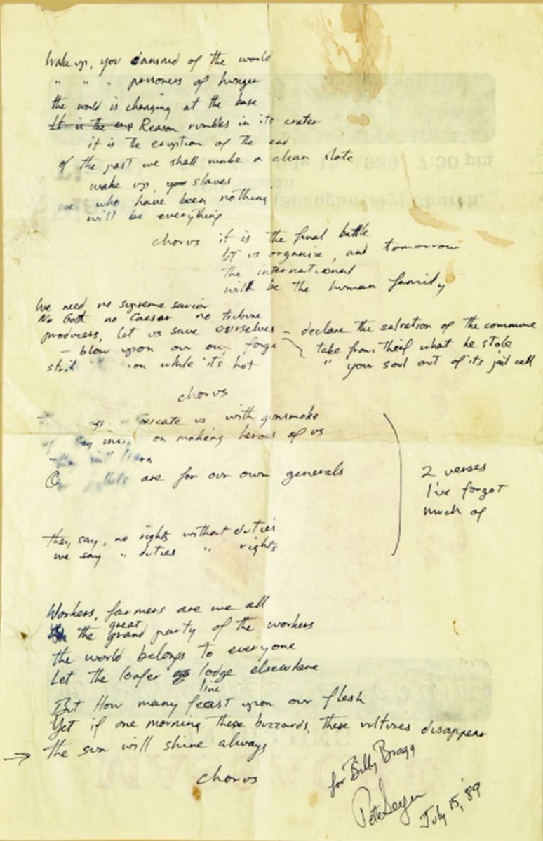 This is a hand-written translation of the original French lyrics to the Internationale as given to me by Pete Seeger. To find out why Ol' Pete felt I needed them you'll have to buy, steal or borrow the book that comes with the Roaring Forty box set