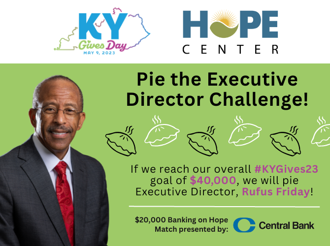 HopeCenterLex's tweet photo. PIE THE EXECUTIVE DIRECTOR CHALLENGE 📷
Make your #KYGives23 gift today to help us reach our goal: https://t.co/TjRTxQBX0q Also, don’t forget that all donations will be matched $1 for $1, up to $20,000 thanks to the Banking on Hope Match presented by Central Bank! #LexGiveHope https://t.co/E0Y5LocTl5