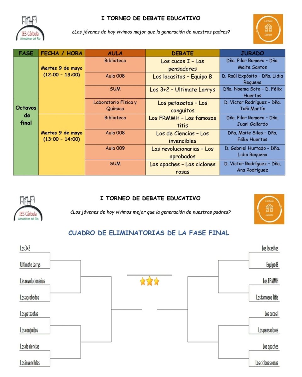 Hoy se ha celebrado el sorteo de los emparejamientos de los 8° de final del I Torneo de Debate Educativo del I.E.S. Cárbula. También se ha configurado el cuadro de la fase final. En nombre de toda la comunidad educativa,suerte y mucho ánimo a todos los equipos.