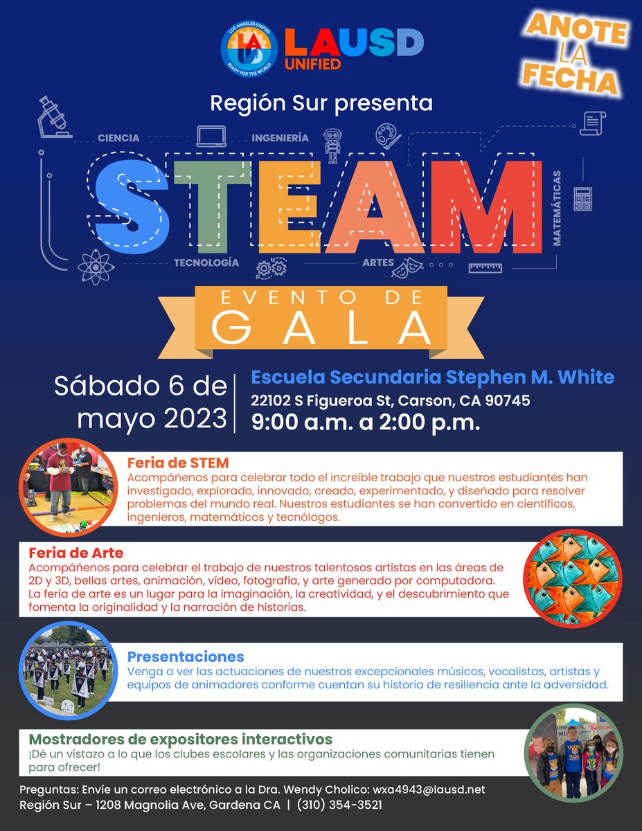 riveracommunity's tweet photo. Please join us for Region South’s STEAM Gala.
Únase a nosotros para la Gala STEAM de la Región Sur. 
Saturday May 6, 2023 from 9 am to 2 pm
Sábado 6 de mayo de 9am a 2 pm
@ Stephen White Middle school https://t.co/TepZdoU3n9