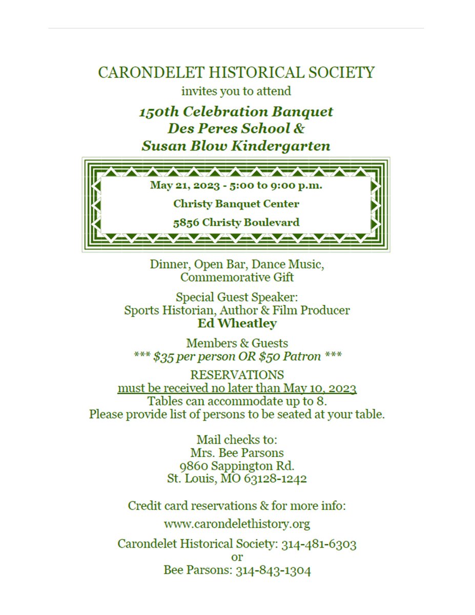 The Carondelet Historical Society is hosting a banquet on Sunday May 21st to celebrate the 150th Anniversary of the Susan Blow Kindergarten, the first public kindergarten in the US. Individual Reservations are $35; Patrons are $50, and required by May 10th:carondelethistory.org/150th-annivers…