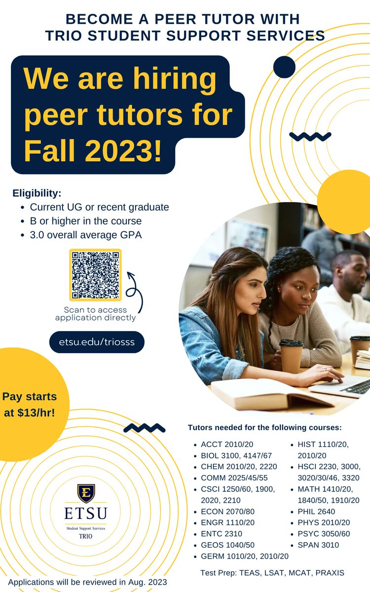 TRIO SSS is hiring peer tutors for the Fall 2023! We are looking for current UG or recent graduates who have a 3.0 overall average GPA &amp; have earned a B or higher in the course they wish to tutor. Pay starts at $13/hr. Apply to be a tutor at our website at etsu.edu/triosss