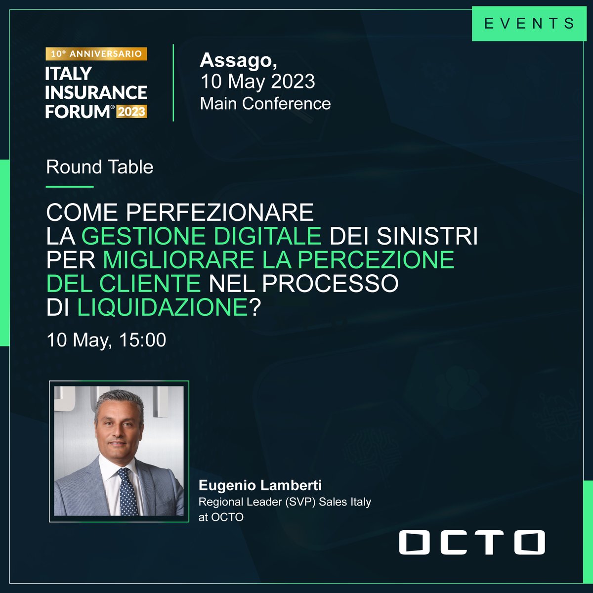 📣 Il 10 maggio il nostro Eugenio Lamberti nterverrà come speaker all'Italy #InsuranceForum! 
Dalle 15h Eugenio parteciperà alla round table "Come perfezionare la gestione #digitale dei sinistri per migliorare la percezione del cliente nel processo di liquidazione?”
#tecnologia