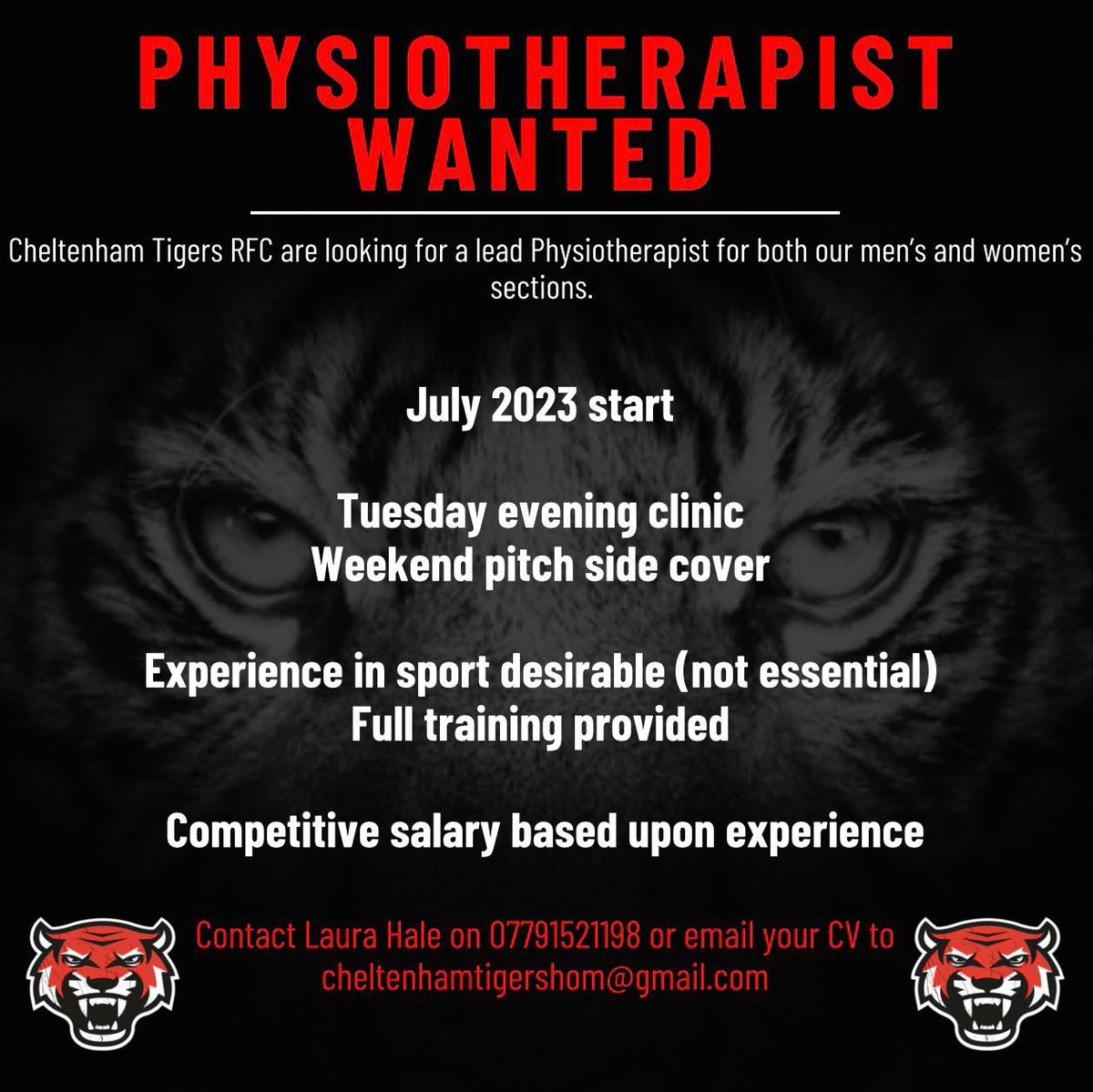 Exciting opportunity to join us at Tigers! We are looking for Physiotherapists to work with both our men’s and women’s teams.

Please contact <a href="/LauraMHale9/">Laura Hale</a> for details.

#TigerFamily #Physio #Physiotherapist #SportsPhysio #JobsInSport #CheltenhamPhysio