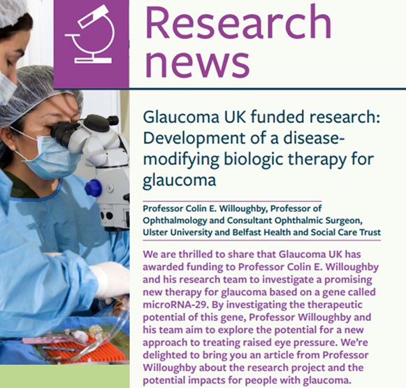 Excellent news for Prof Colin Willoughby and team in securing <a href="/glaucoma_uk/">Glaucoma UK</a> funding to investigate a promising new therapy for glaucoma