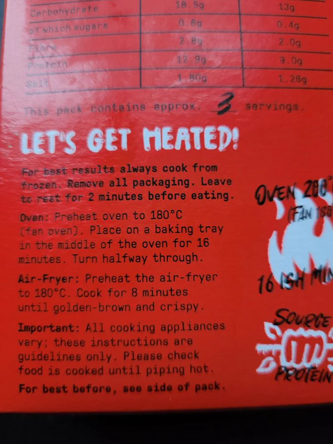 Food packaging with air fryer cooking instructions.