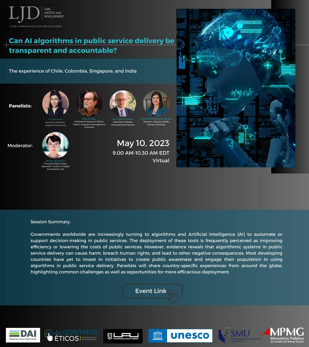 DAIGlobal's tweet photo. Join @mimi_stankovic of our Center for #DigitalAcceleration as she hosts a May 10 @WorldBank panel-- Can #AI Algorithms in Public Service Delivery Be Transparent and Accountable?
Join here: https://t.co/A9cs77BHK8
#ICT4D #DigitalDAI https://t.co/mO2GDAdwV7