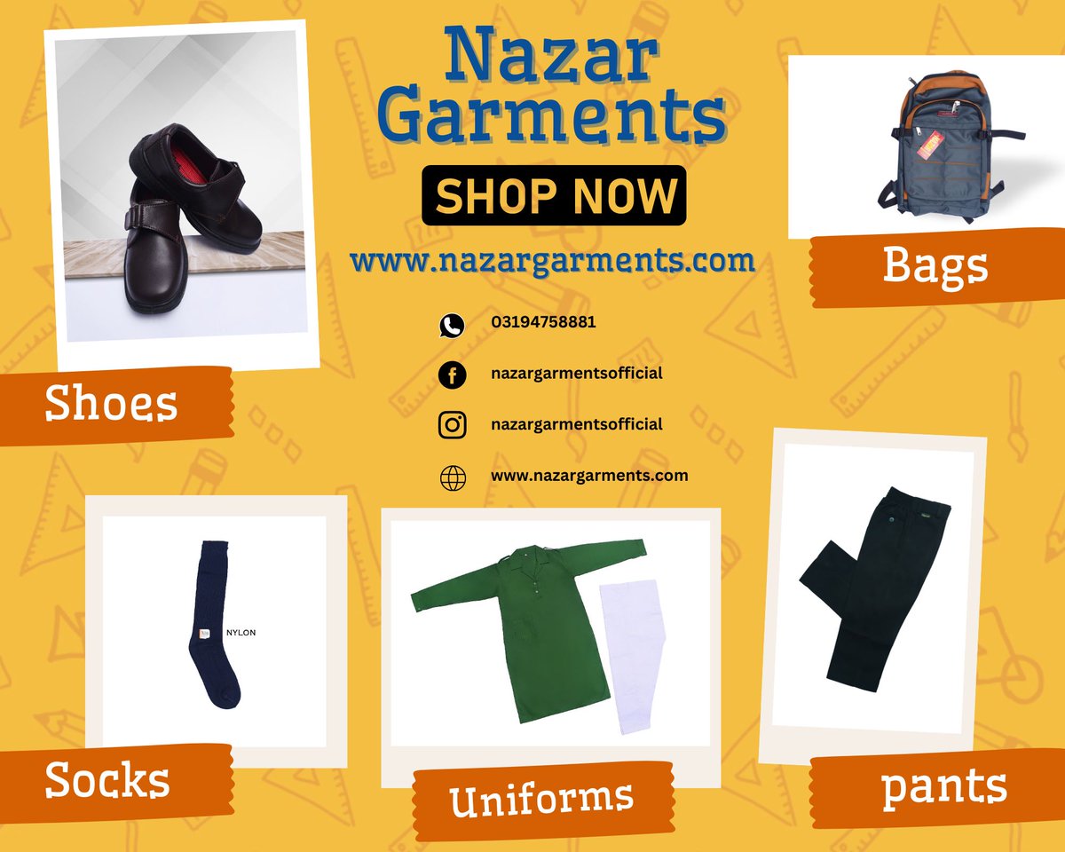 Nazar Garments Peshawar 
School Uniforms, Shoes, Socks and Bags Available 
Link: nazargarments.com
Whatsapp: 03194758881
.
.
.
.
#bags #schoolbags #fasion #fashion #new #arrivals #clothes #style #brand #clothingstore #tshirt #ootd #streetstyle #instashopping