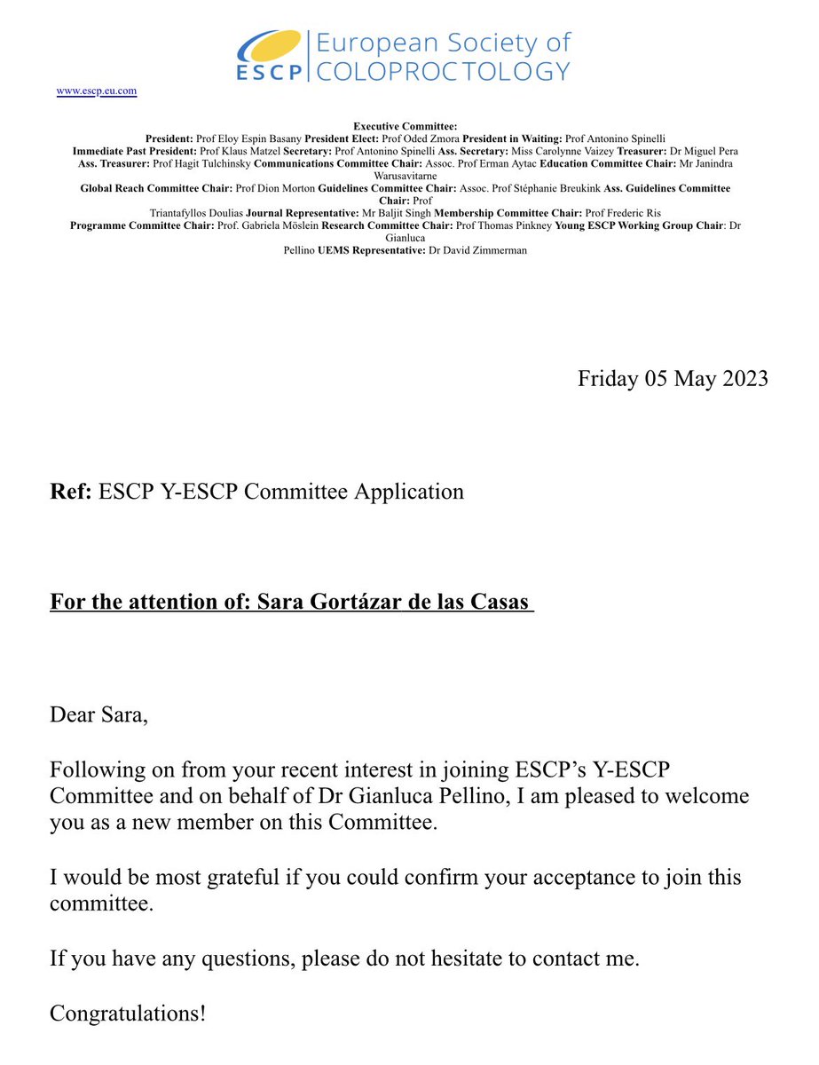 Very honored to become a member of the Y-ESCP Committee! Thank you @GianlucaPellino for the opportunity and my mentors for the encouragement! @YouESCP @escp_tweets @DrMarioalvarez @Isabel_Pascual_ @GarciaOlmoD @h_guadalajara @mleonare @marioorlo @scmi_itec @HULPSurgery