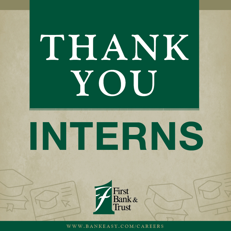 This spring we had four interns located in Brookings, Vermillion, and Madison, working in Banking, Banking Systems, and Software Development. We'd like to say thank you for your hard work this spring!
{FB&amp;T|MemberFDIC|EOE|AAE}