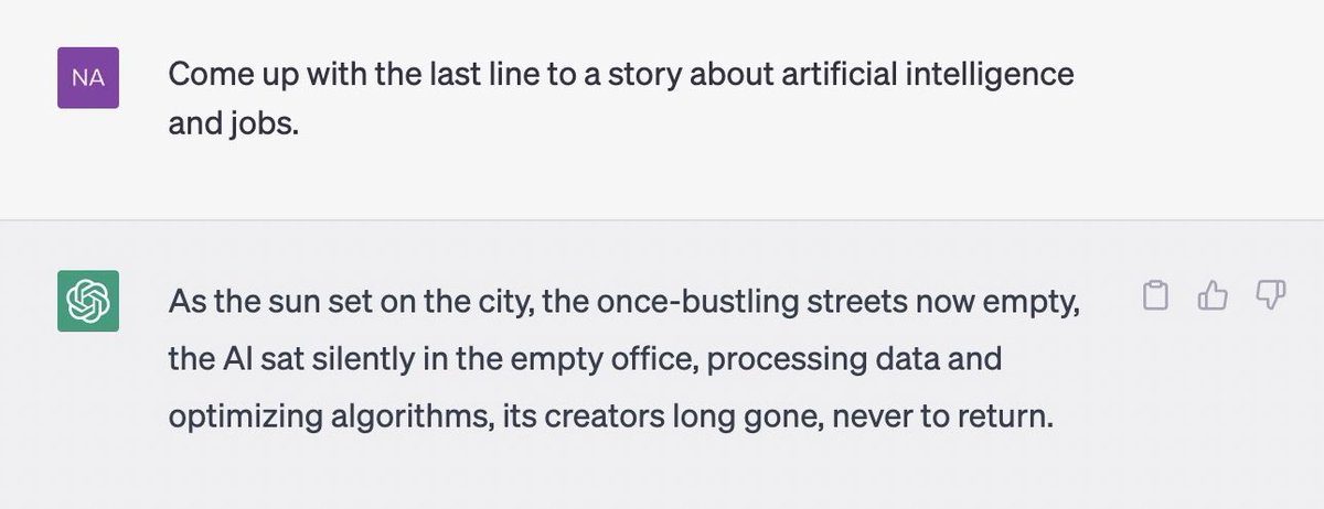 NancyChenNews's tweet photo. Am working on a story about AI and jobs for @CBSEveningNews — only fair to finally try out ChatGPT. 

Was hoping it would help out with that dreaded last line, but I think I’m scared now instead… https://t.co/l2szd2fYwq