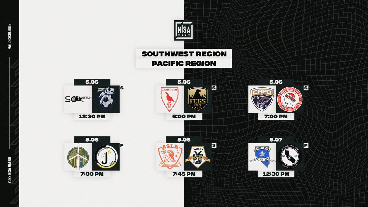 TheNISANation's tweet photo. Week 7️⃣ features a top-of-the-table clash ⚽️💥 in the Southwest!

SATURDAY - 5.06
@AscValley vs. #LobosFC
@Temecula_FC vs. @FCGSForce
@capistrano_fc vs. @olympiacos_ca
#WindmillFC vs. @jasarwc
@ASLosAngelesFC vs. #PAOKTijuanaFC
SUNDAY - 5.07
@battlebornfc_nv vs. @Modesto_City_FC https://t.co/sdj5OUzaeY
