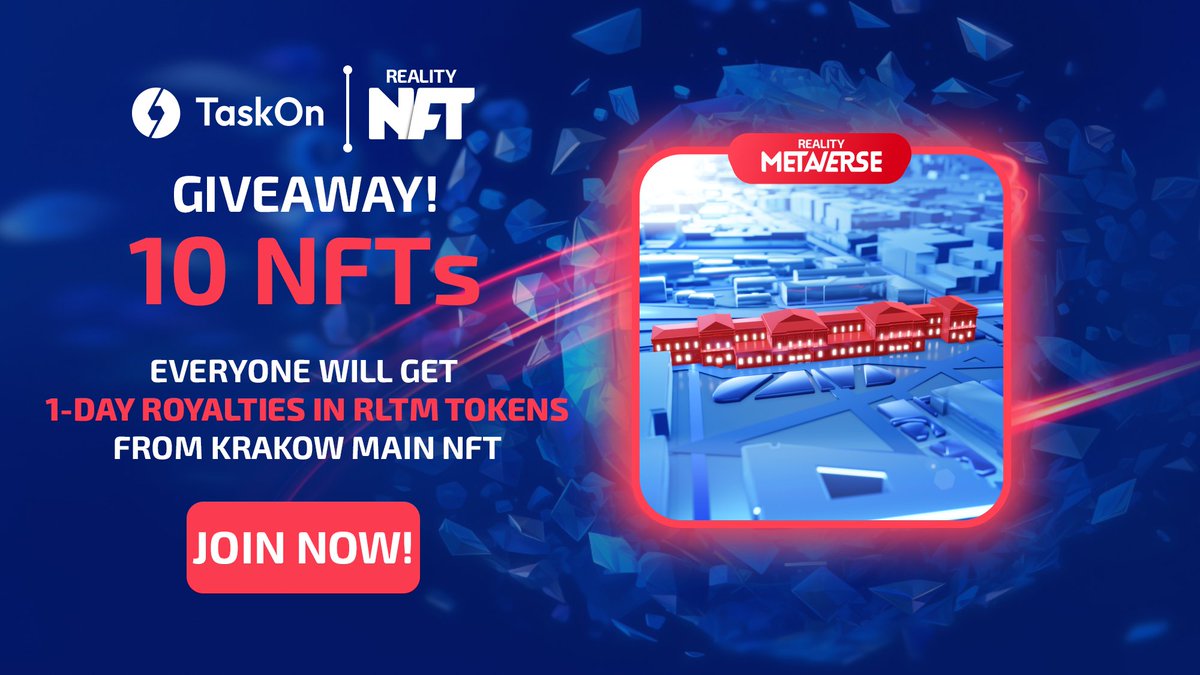 Realitymeta's tweet photo. 🎉 As of today,
We've minted 50 #RealityNFTs 

We've teamed up with @taskonxyz for this special occasion!

🔹 Giving away 10 #Krakow Main fNFTs via raffle!
🔹 Every participant will receive $RLTM equal to 1 day's Royalty of the Krakow main fNFT

Join here: https://t.co/rnJBcJCXHg https://t.co/jzQvDY7gRB