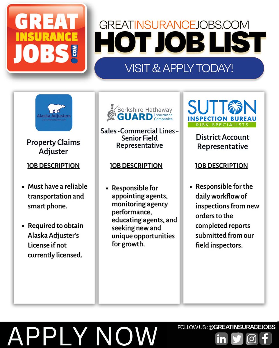 InsuranceJobs1's tweet image. Calling all job seekers in the #insuranceindustry! Explore over 3,000 #insurancejobs on GreatInsuranceJobs.com. 

@AlaskaAdjusters ow.ly/C70F50Oh5OK

@BHHSRealEstate ow.ly/GTbv50Oh5OL

Sutton Inspection Bureau ow.ly/AeaC50Oh5OM

 #GreatInsuranceJobs