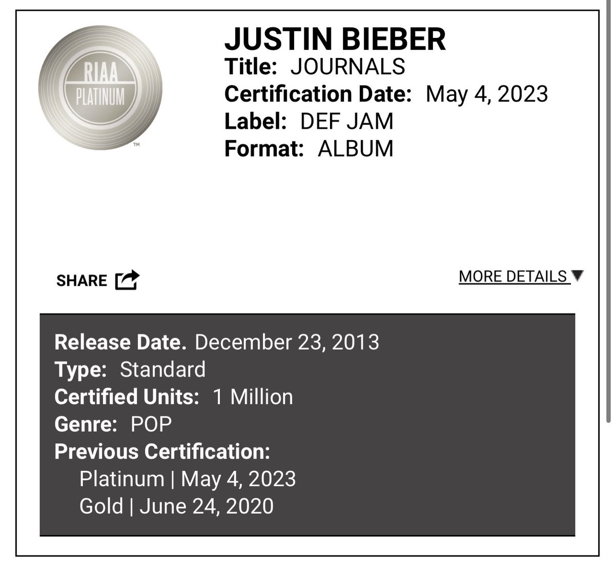 “Journals” by Justin Bieber has been certified Platinum in the United States by RIAA!