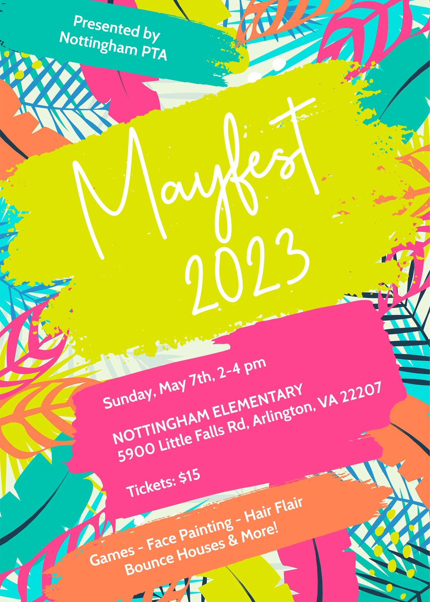 NottinghamPTA's tweet photo. 📣 MAYFEST! 🌴
⏰ This Sunday - 2-4pm
🏫Nottingham
@NTMKnightsAPS @EGardnerAPS @MrsMeganLynch @APSVirginia #mayfest #springfestival #jumphouse #facepainting #somuchfun
https://t.co/oRWqzQjWlx https://t.co/chXiFkkYTH