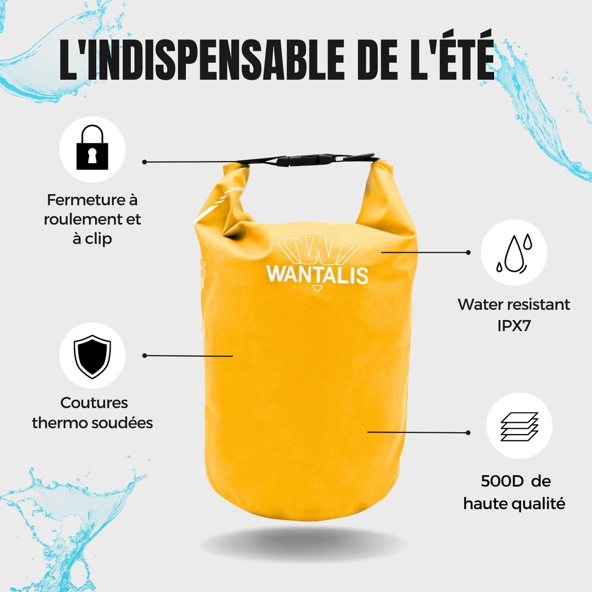 wantalis's tweet photo. L'été arrive !  ☀️ Pour profiter à fond de vos sports aquatiques préférés Wantalis vous présente le WATERPROOF bag 500D 💧 - Jaune. 

Disponible en 3 tailles et 6 couleurs. 

#wantalis #sportaquatique #été #sacétanche #saceté #sacwaterproof #waterproof https://t.co/zAfqJLzkPE