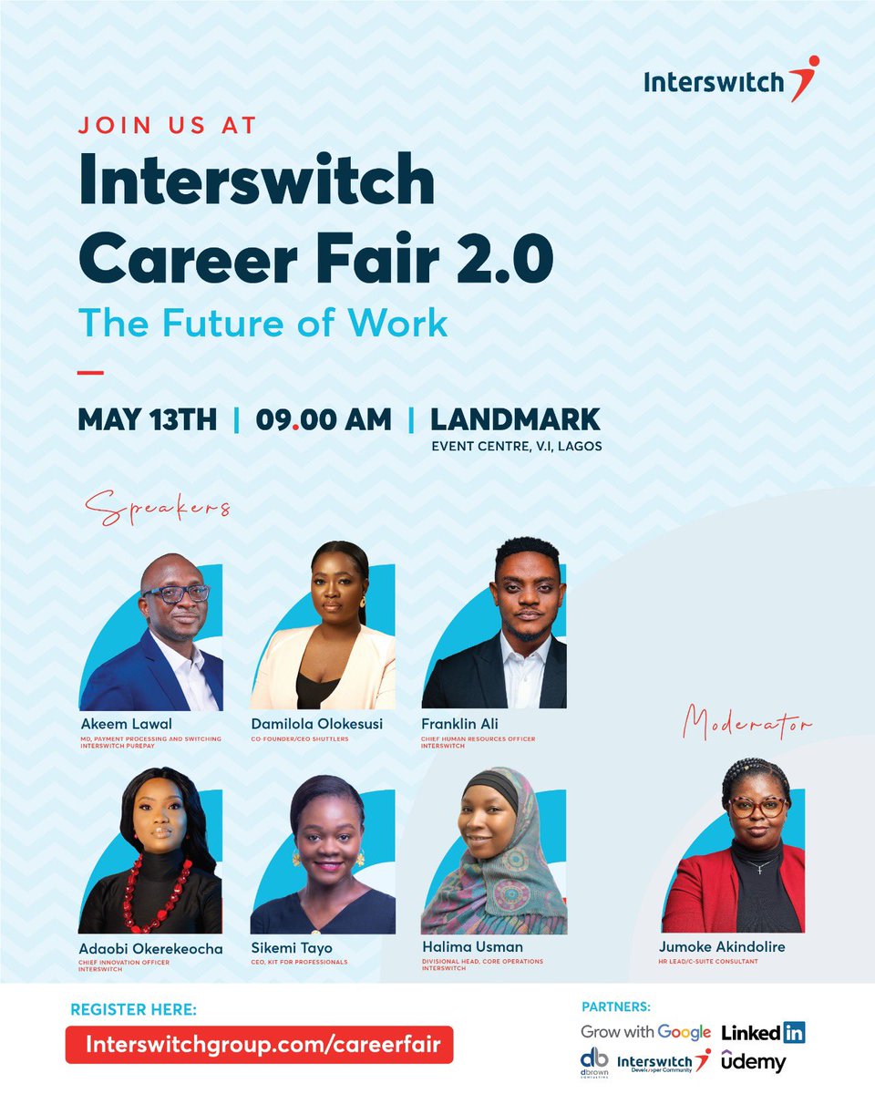 InterswitchGRP's tweet photo. Meet our speakers for the Interswitch Career Fair 2.0! We promised you an awesome session didn’t we? 😉
Don’t forget to register for the event here https://t.co/q1y5ONQTB7
#InterswitchCareerFair
#TheFutureOfWork
#TheSwitchEffect
#BestEmployerBrandSSA
#RisingStars
#NeverS20P https://t.co/j9Y97O1eJN