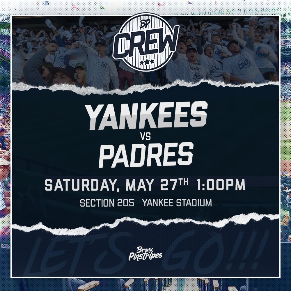 We've got a <a href="/BronxPinstripes/">Bronx Pinstripes</a> event coming up!

SAT. MAY 27 | 1PM vs PADRES
-$75
-Custom event t-shirt
-Pregame party at The Dugout

Get your tickets here - bronx-pinstripes.myshopify.com/collections/fe…

Hope to see you there!