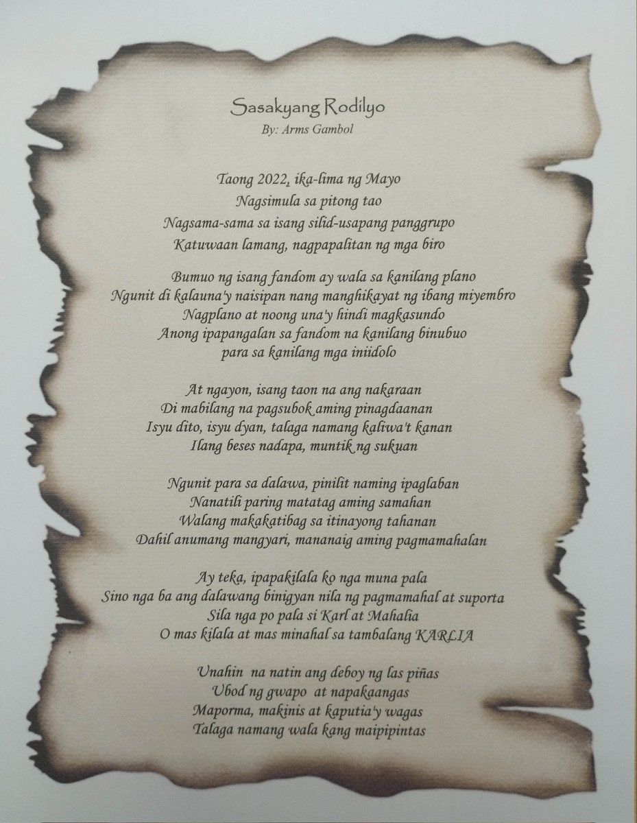 armieraculous's tweet photo. "Sasakyang Rodilyo" 
By: Yours truly (Armie G.)

Happy Anniversary, 
KARLIANATICS FAMILY! 🧡🧡
If you know the story we've been through, you would know why it is titled " sasakyang rodilyo". ☺️

P.S. not a pro writer  kaya pagpasensyahan niyo na po. ☺️
@KarlLimpin
@MahaliaElka https://t.co/IszOTSThxn