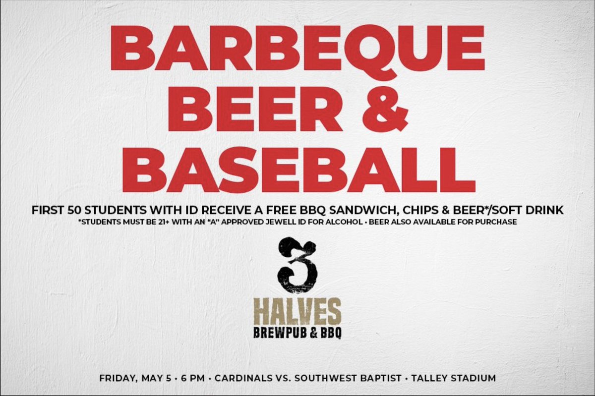 Join us under the lights tonight at Talley Stadium for <a href="/Jewell_Baseball/">William Jewell Baseball</a>'s last regular season series of the year.

The first 5⃣0⃣ students get free BBQ and a drink from our friends at <a href="/3HALVESBrewing/">3HALVESBrewingCo</a>. Beer will also be available for purchase

🕐6:00 PM
🎟️ FREE
☑️⚾️
☑️🍖
☑️🍻