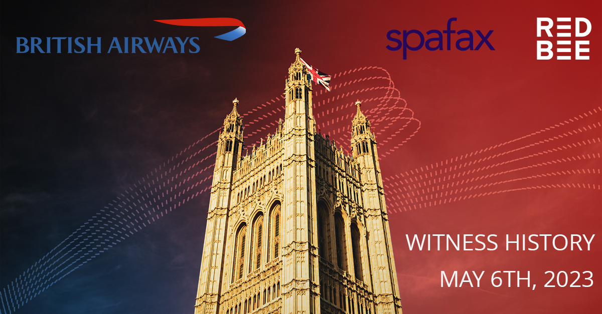 spafax's tweet photo. We have partnered with @RedBeeMedia to broadcast live coverage of the #Coronation of Charles III and his wife, Camilla, as King and Queen of the United Kingdom and the Commonwealth onboard @British_Airways' entire fleet of planes on Saturday 6th May 2023 > https://t.co/B6sFyA6411 https://t.co/KrEhv9sdp4