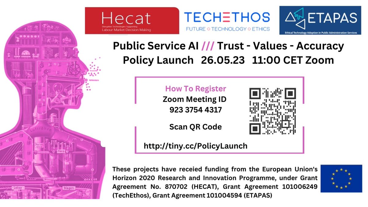 ajordanresearch's tweet photo. Policy Launch: "Public Service AI /// Trust - Values – Accuracy” 📅 26 May 2023, 11:00 CET📍Zoom
🇪🇺 3 #H2020 EU Projects will launch Policy Briefs: HECAT @SoUnemployment, @ETAPAS_EU + @TechEthosEU
💻Register https://t.co/1GbNgAScPq
More: https://t.co/wDEYSHnaNs #PublicServiceAI https://t.co/GndgZc0Obi